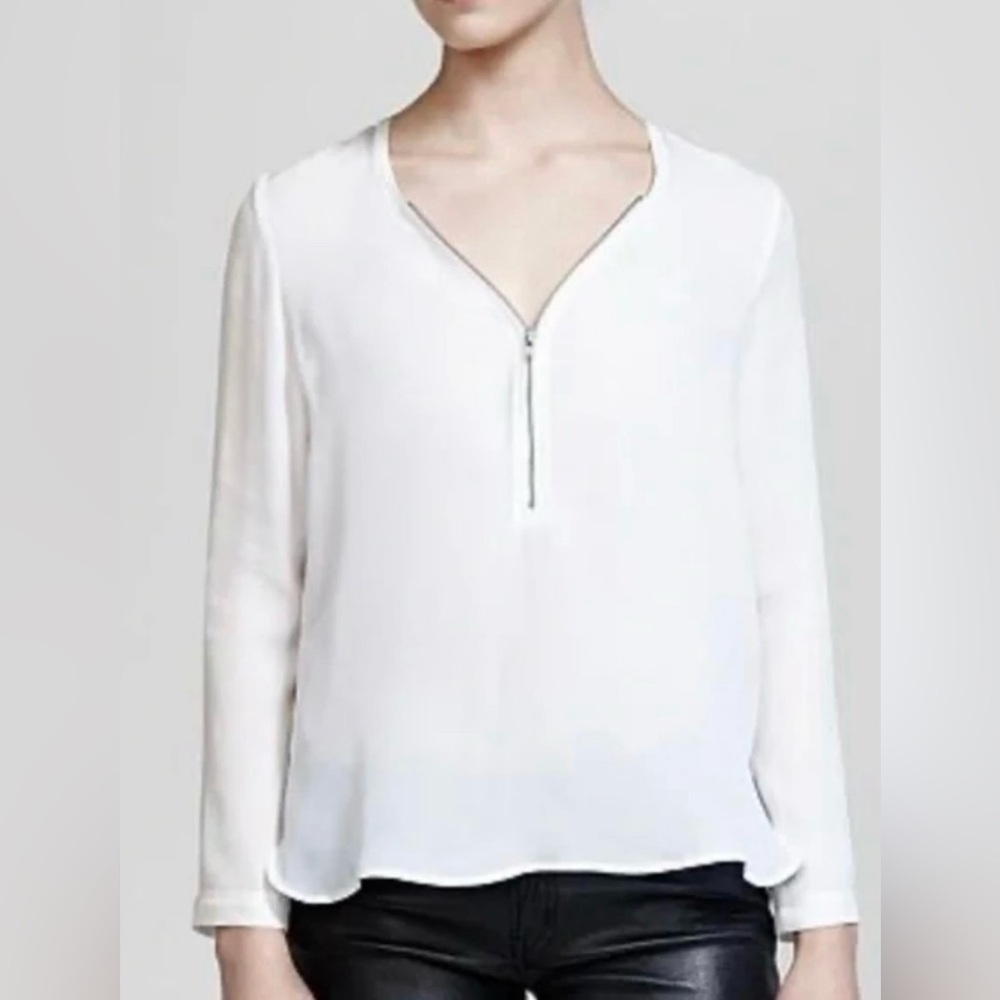 The Kooples Ivory Long Sleeve Top With Zip Neckline 100% Silk Size XS
